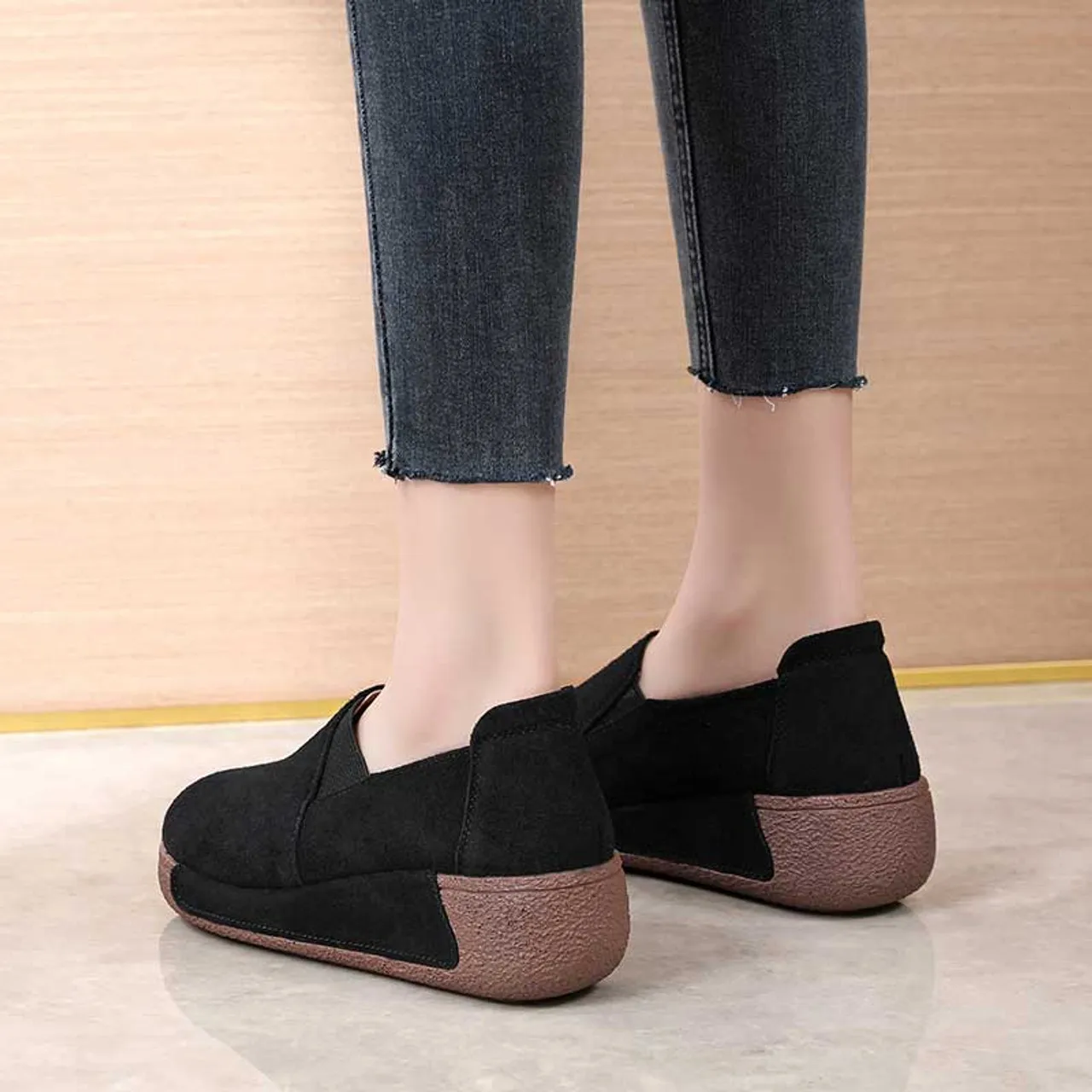 Black suede plain casual slip on rocker bottom sneaker