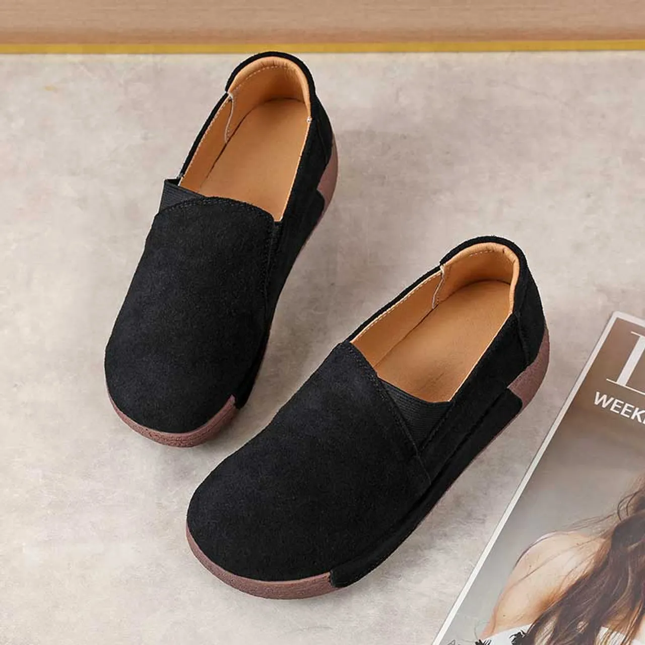 Black suede plain casual slip on rocker bottom sneaker