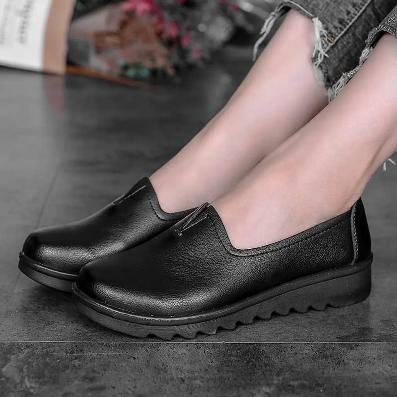 Black V open casual slip on shoe loafer