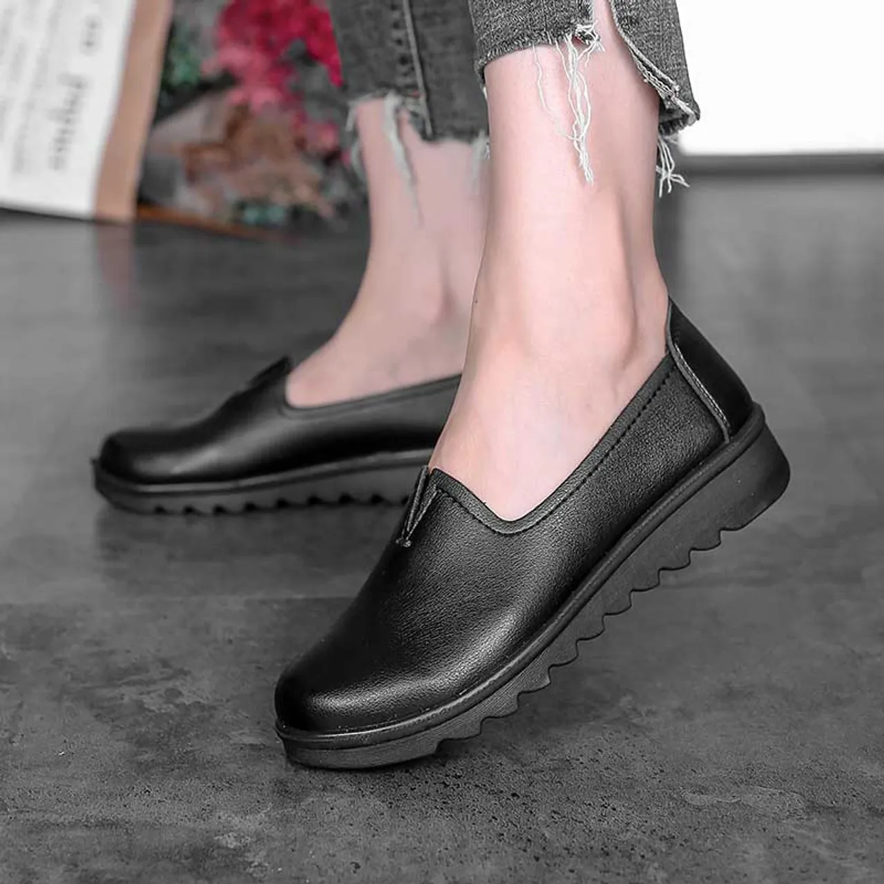 Black V open casual slip on shoe loafer