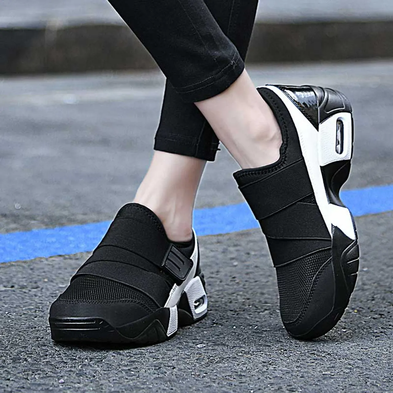 Black white casual velcro slip on shoe sneaker