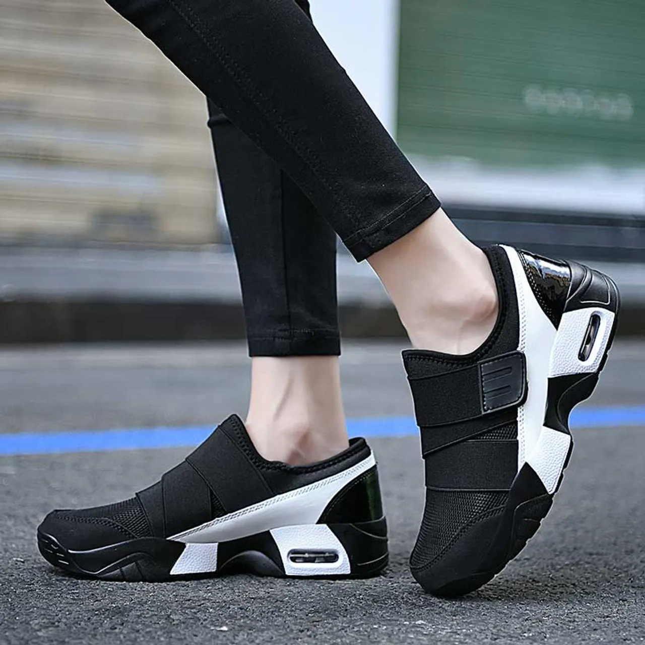 Black white casual velcro slip on shoe sneaker