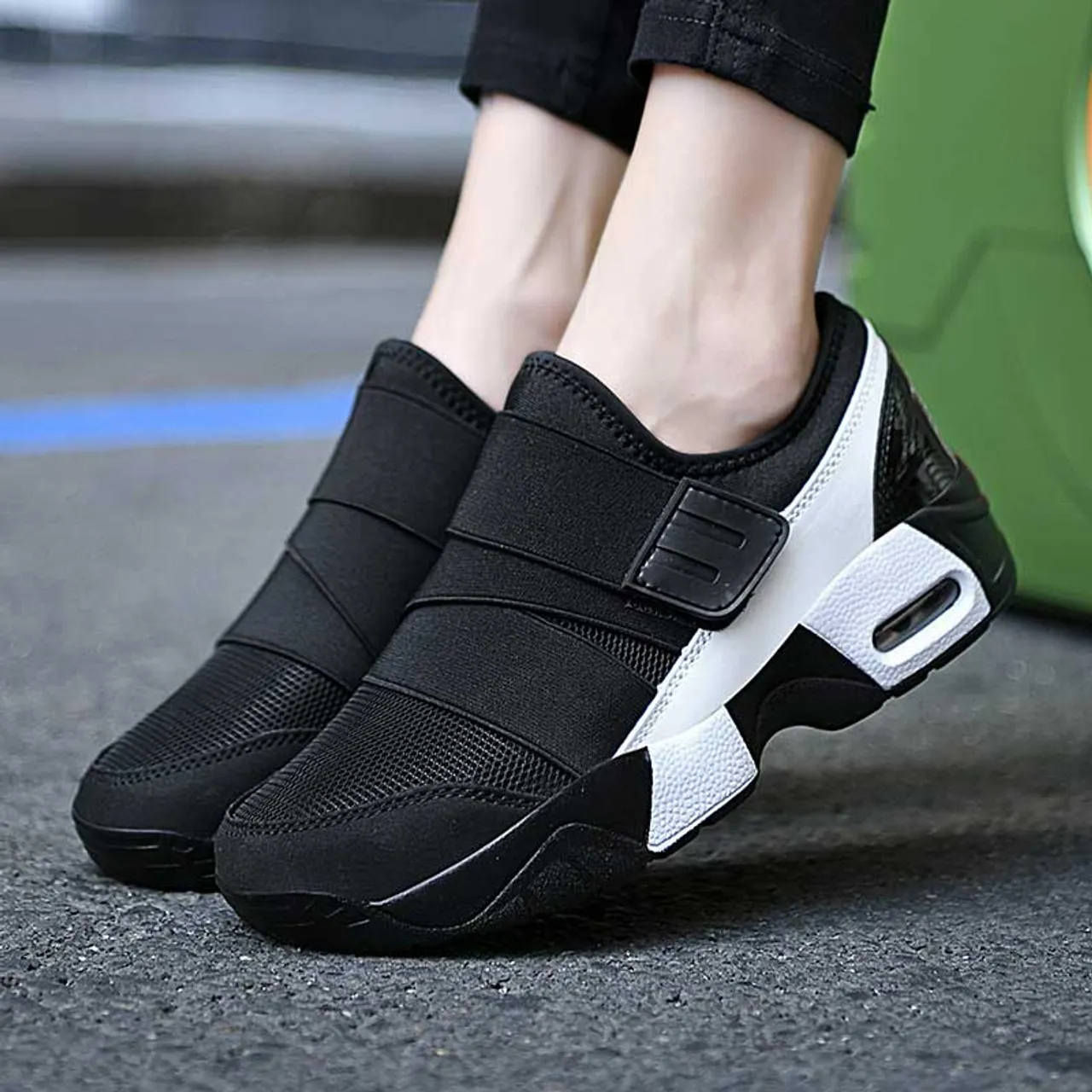 Black white casual velcro slip on shoe sneaker