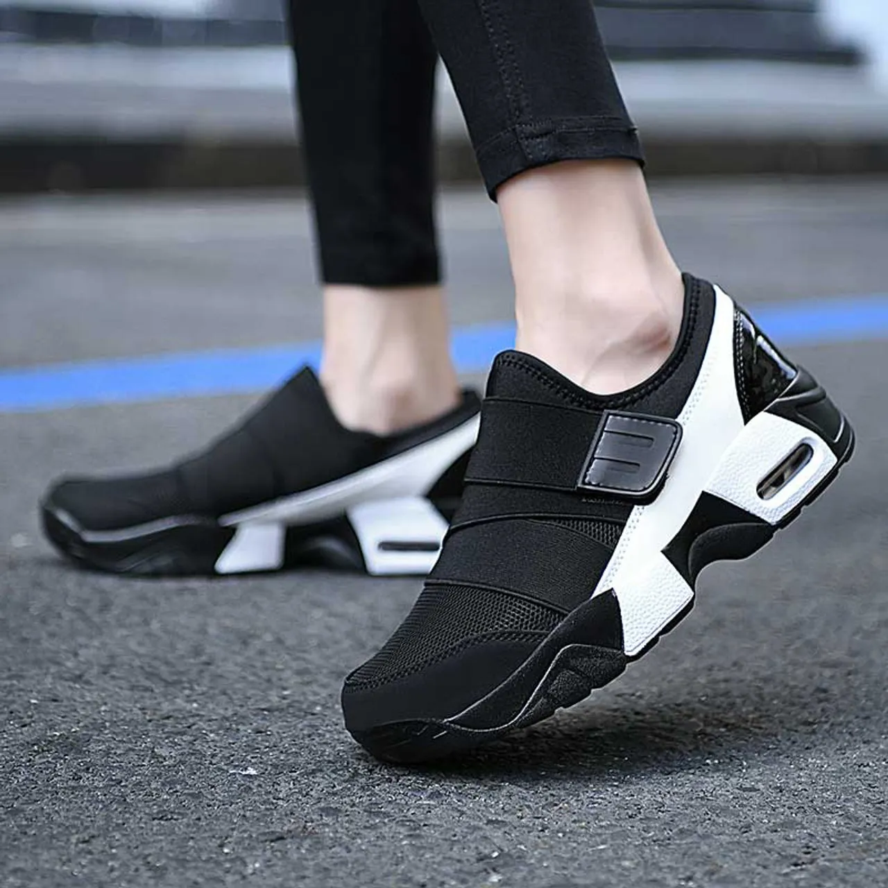 Black white casual velcro slip on shoe sneaker