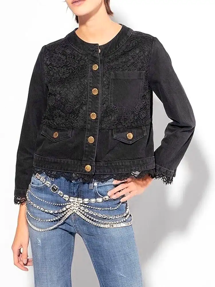 Casual Spliced Lace Denim Coats For Women Round Neck Long Sleeve Patchwork Buttons Solid Loose Jacket Female Spring Clothing