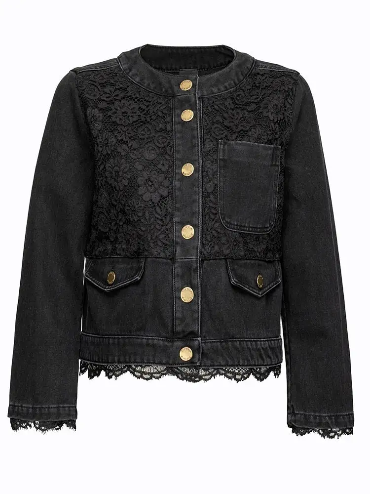 Casual Spliced Lace Denim Coats For Women Round Neck Long Sleeve Patchwork Buttons Solid Loose Jacket Female Spring Clothing