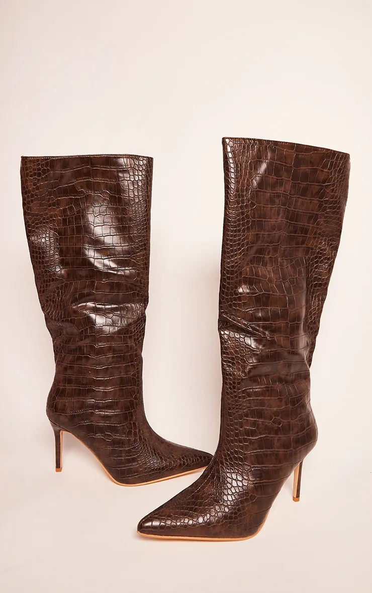 Chocolate Croc Stiletto Heeled Knee Boots