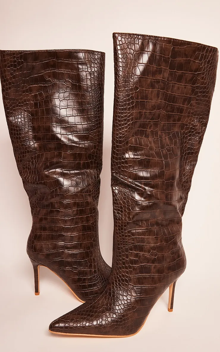 Chocolate Croc Stiletto Heeled Knee Boots