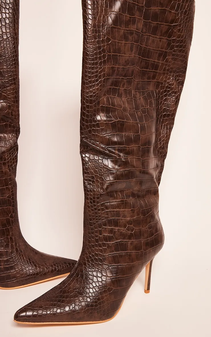 Chocolate Croc Stiletto Heeled Knee Boots