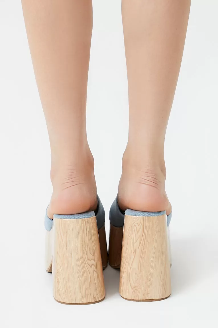 Denim Wooden Platform Block Heels