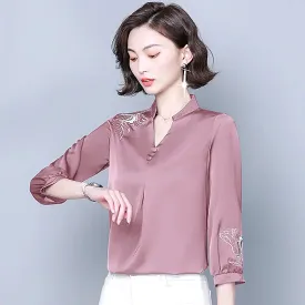 Elegant Embroidered Blouses Women Vintage V-Neck 3/4 Sleeve Satin Shirts For Women Office Lady Loose Basic Spring Summer Tops X2