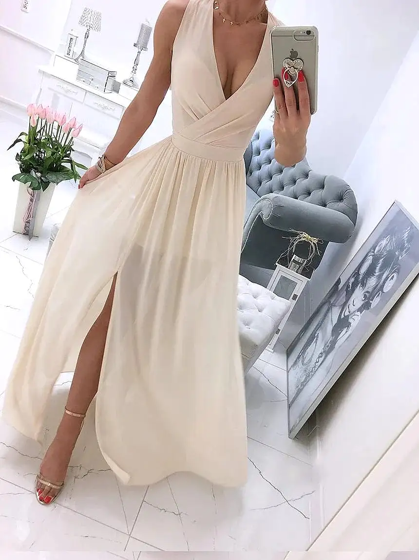 Elegant Sleeveless V-Neck Maxi Dress for Women - Ideal for Spring and Summer Events