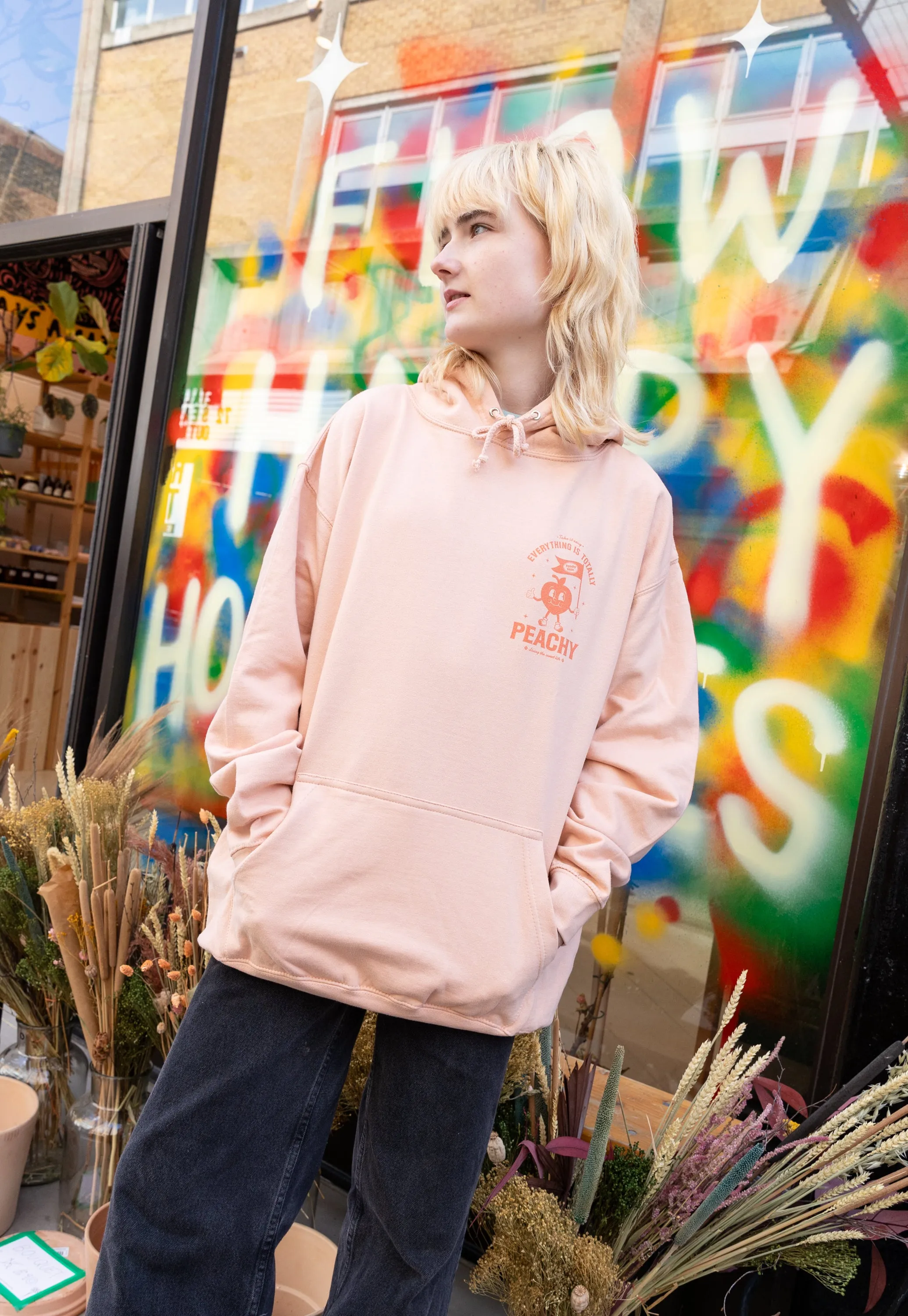 Everything Is Peachy Graphic Hoodie in Peach