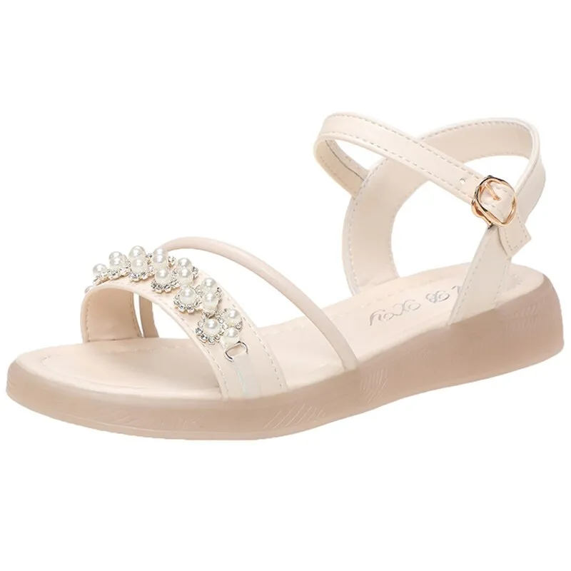 Fashion Pearls Flat Heels Summer Crystal Buckle Strap Sandals Woman Thick Bottom Gladiator Shoes