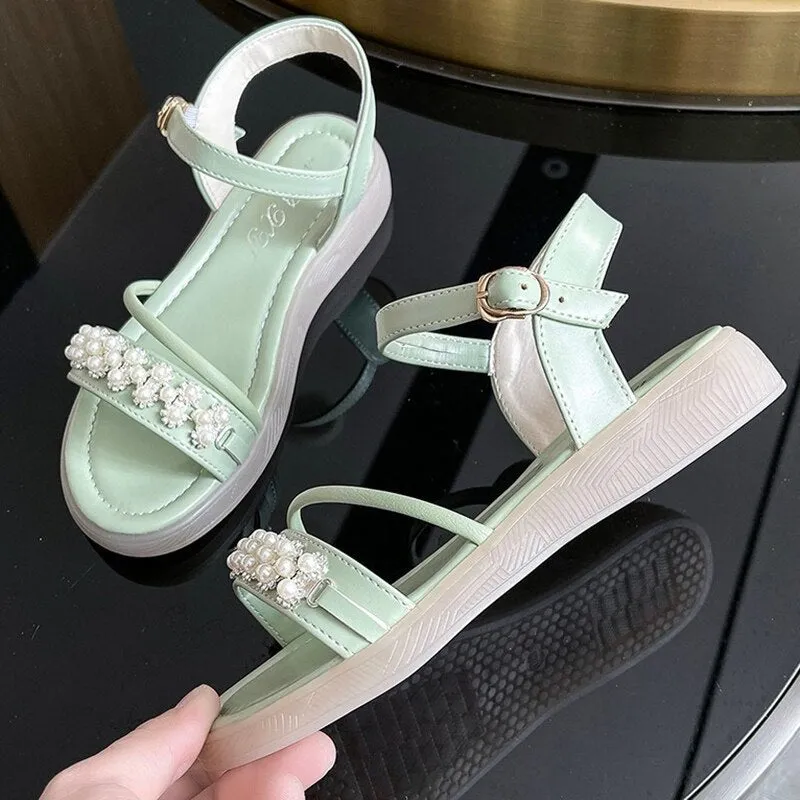 Fashion Pearls Flat Heels Summer Crystal Buckle Strap Sandals Woman Thick Bottom Gladiator Shoes