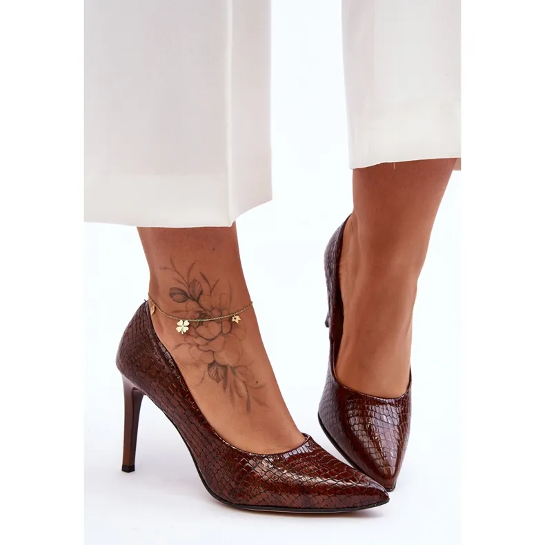 Fashionable Leather High Heels Lewski Shoes 2659 Brown