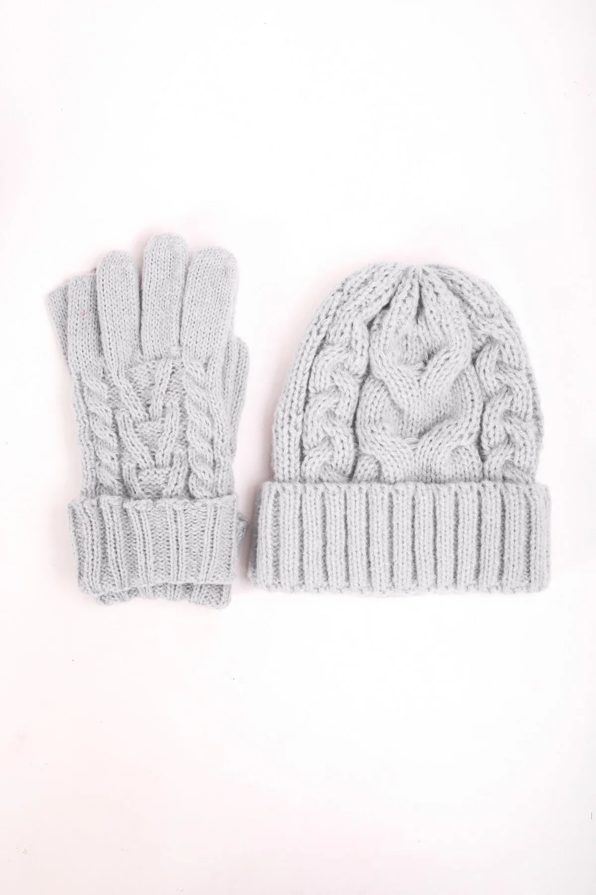 Grey Cable Knit Beanie & Glove Gift Set