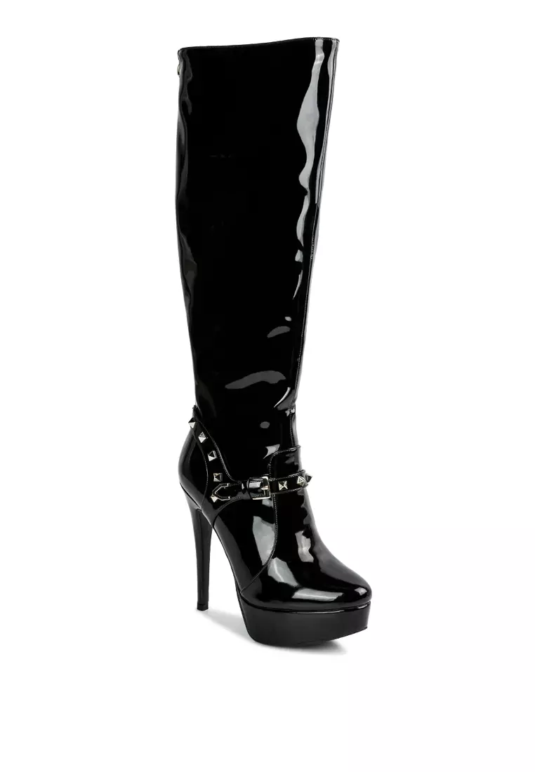 London Rag Black Patent Stiletto Heeled Mid Calf Boots