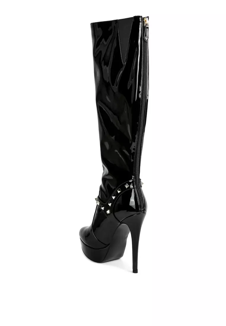 London Rag Black Patent Stiletto Heeled Mid Calf Boots