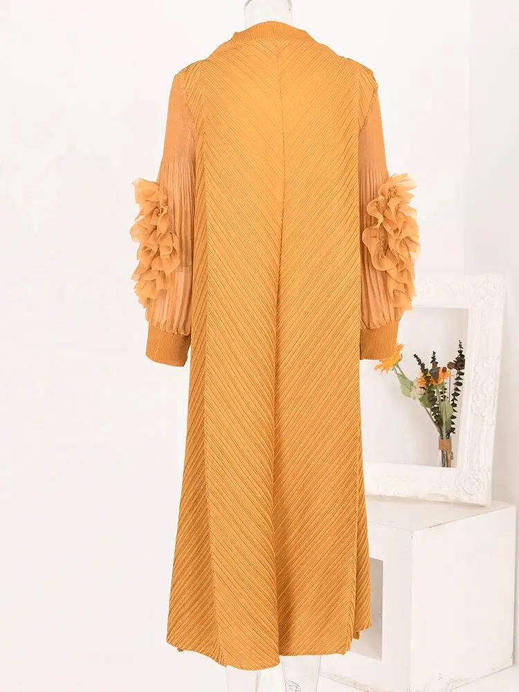 Maxi Pleated Dress Round Neck Spliced Fungus Full Sleeve Dresses For Women 2023 New Spring Clothing 2Qa1331