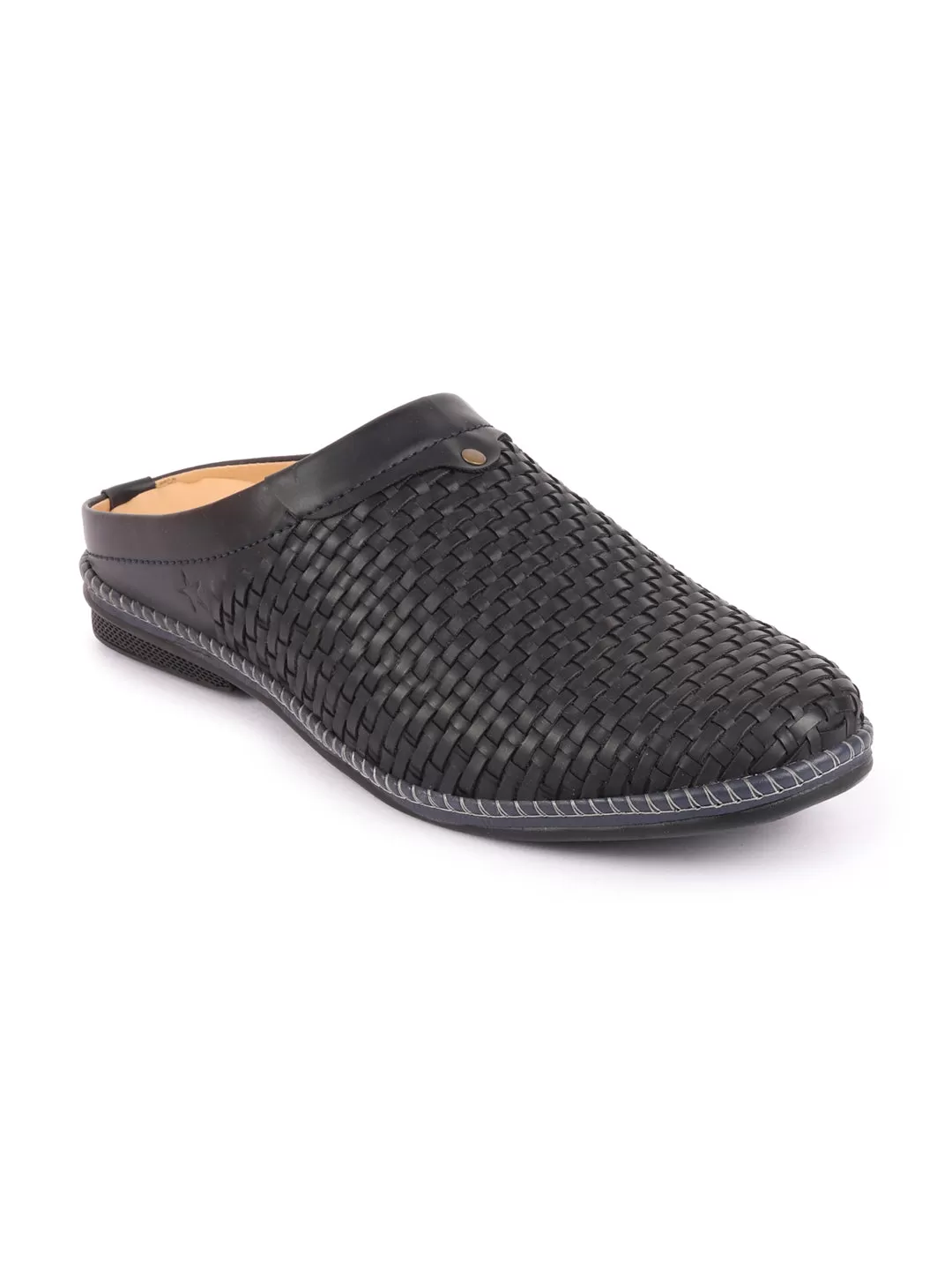 Men Navy Blue Back Open Knit Design Stitched Ethnic Casual Mules