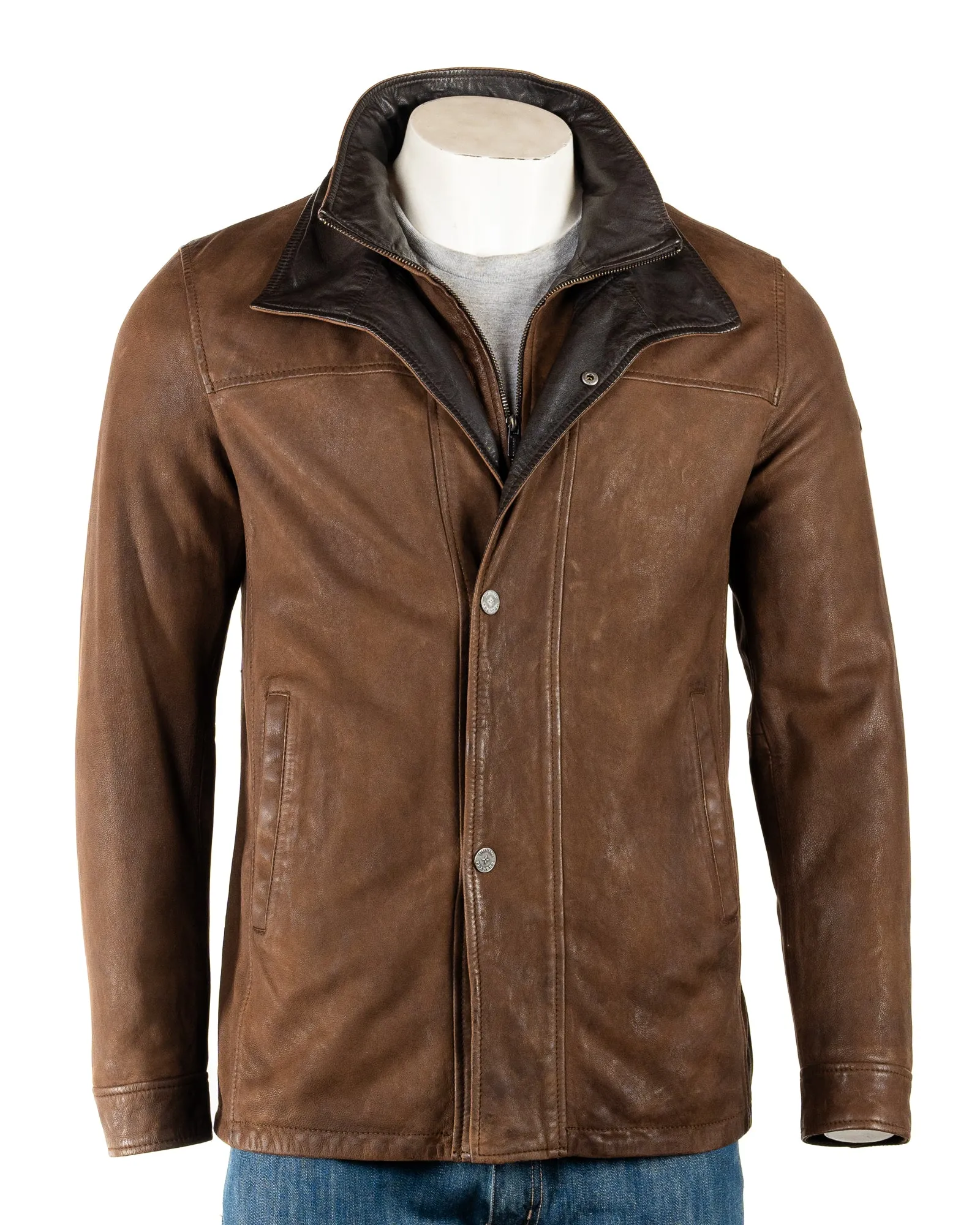 Men's Brown Buff Double contrast Collar Leather Coat: Berto