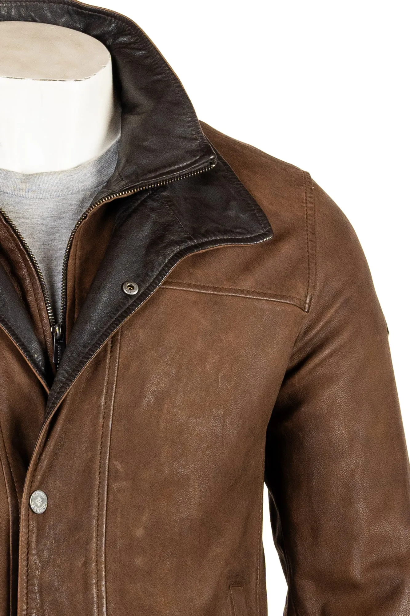 Men's Brown Buff Double contrast Collar Leather Coat: Berto