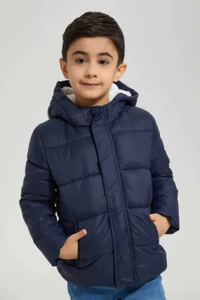 Navy Hooded Puffer Jacket For Boys