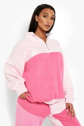 Pink Half Zip Color Block Oversized Sweater