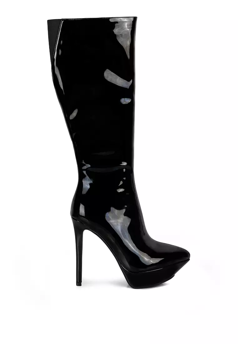 Rag & CO. Black Patent Stiletto Heeled Knee high Boots