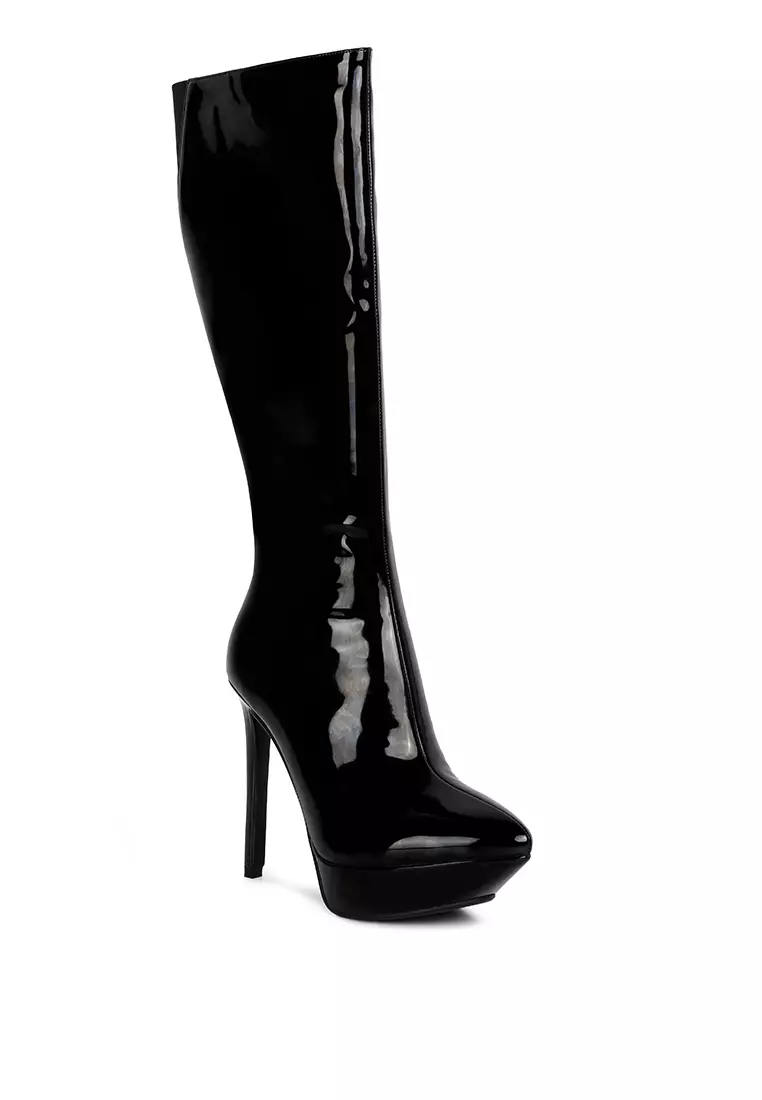 Rag & CO. Black Patent Stiletto Heeled Knee high Boots