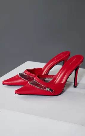 Red Pu Point Toe Vinyl High Stiletto Heeled Mules