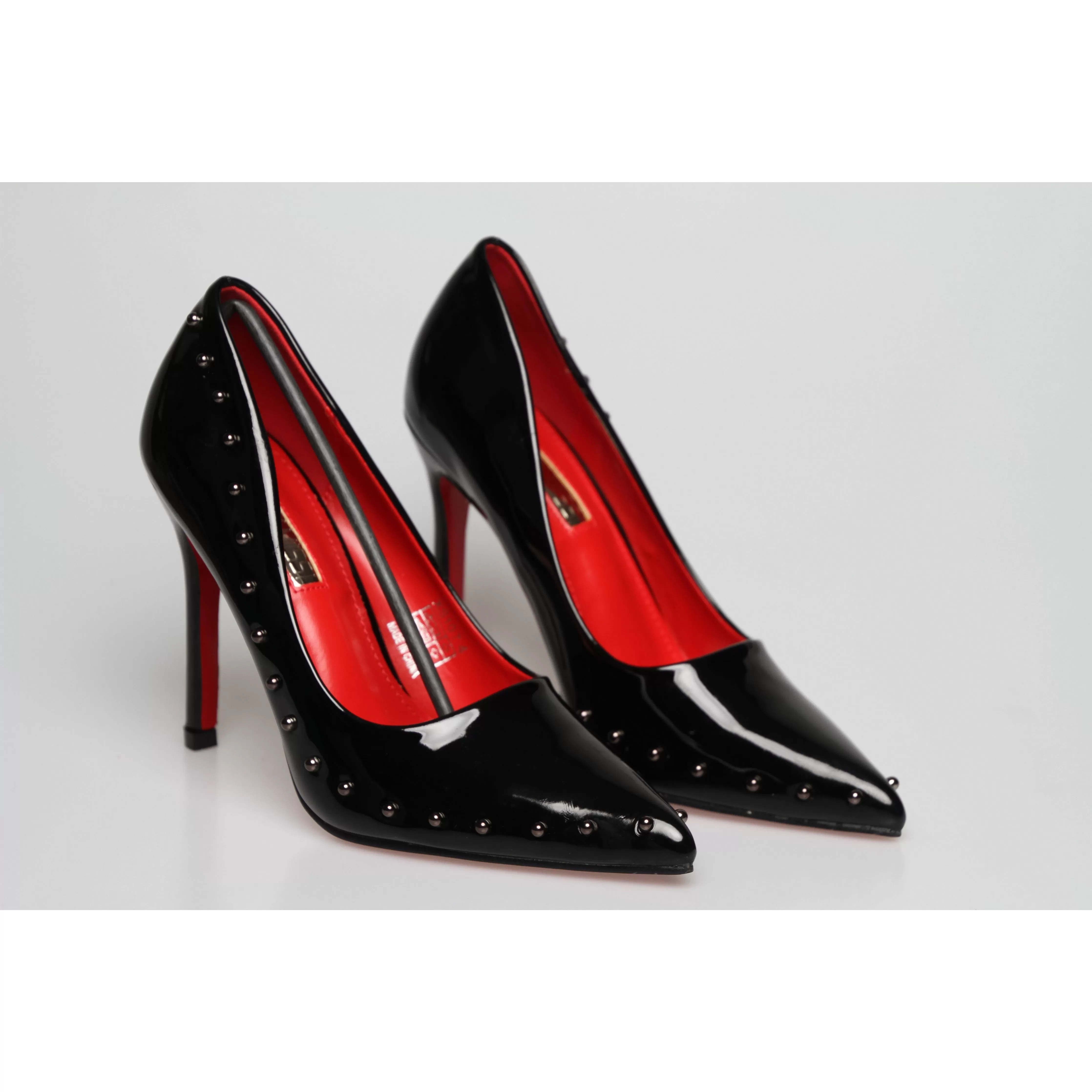 Red Sole Black Patent Rivet High Heel