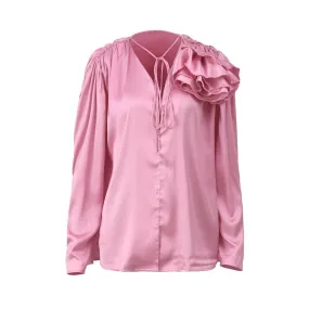 Satin Flower Detachable Shirts For Women Fashion Lace Up Single Breasted Long Sleeve Blouse 2023 Spring Elegant Office Lady Tops