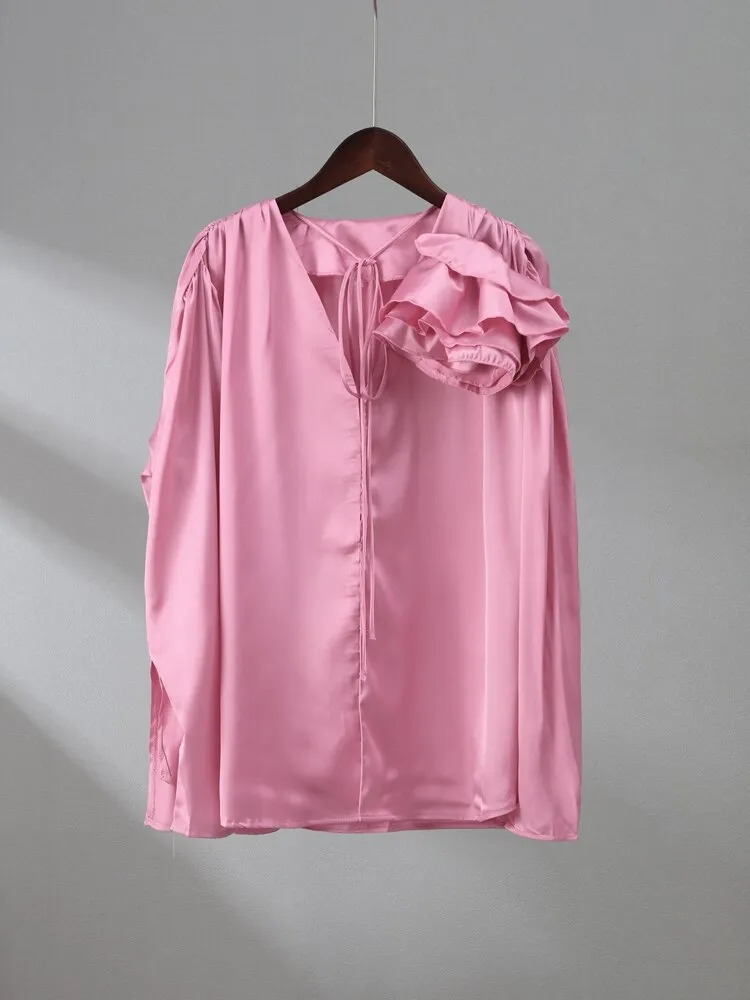 Satin Flower Detachable Shirts For Women Fashion Lace Up Single Breasted Long Sleeve Blouse 2023 Spring Elegant Office Lady Tops