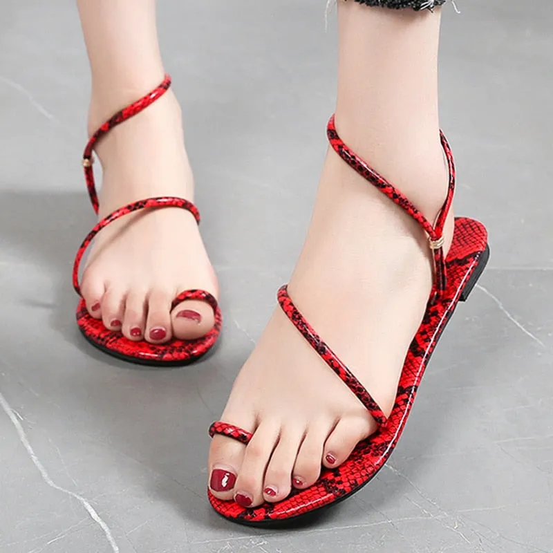 Snake Pattern Flat Summer Clip Toe Gladiator Sandals Woman Non Slip Beach Shoes