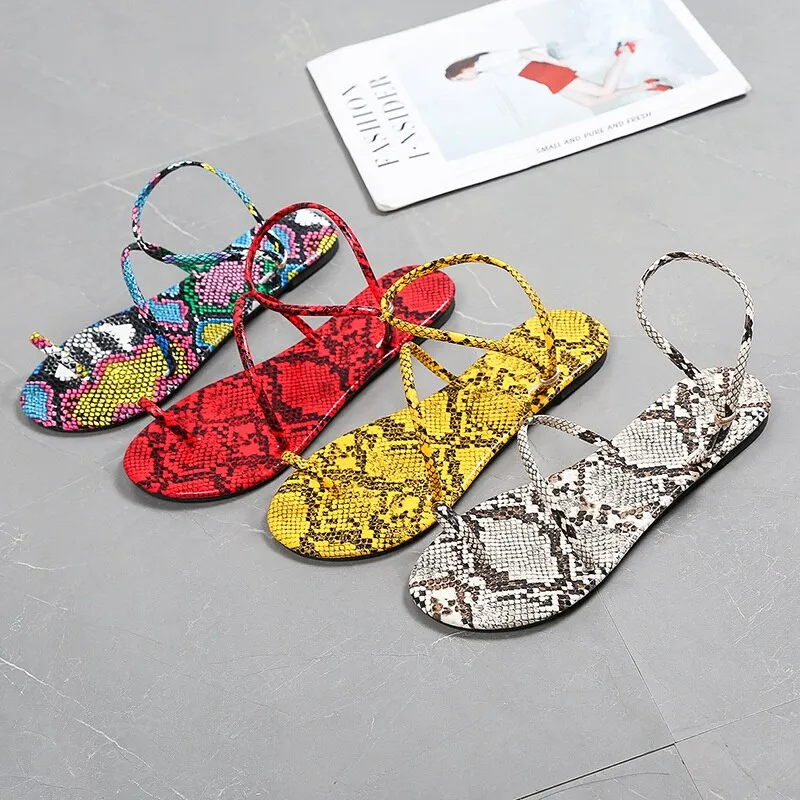 Snake Pattern Flat Summer Clip Toe Gladiator Sandals Woman Non Slip Beach Shoes