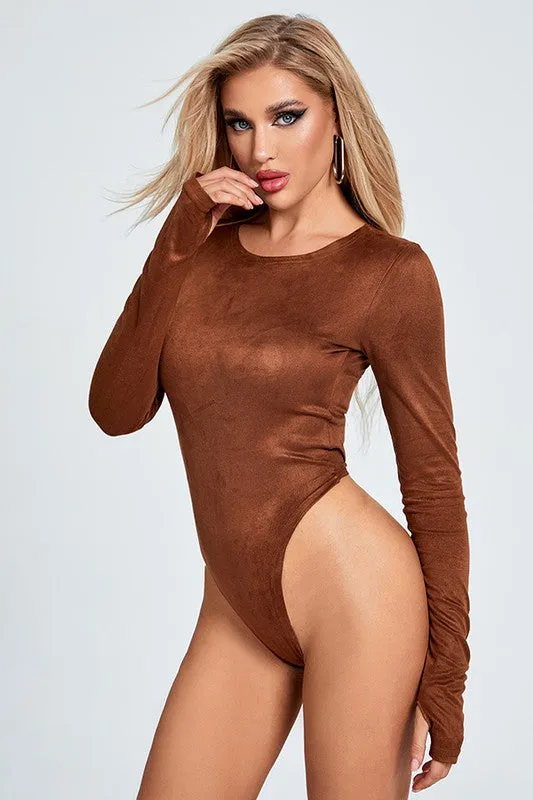 Suede-Like Long Sleeve Bodysuit