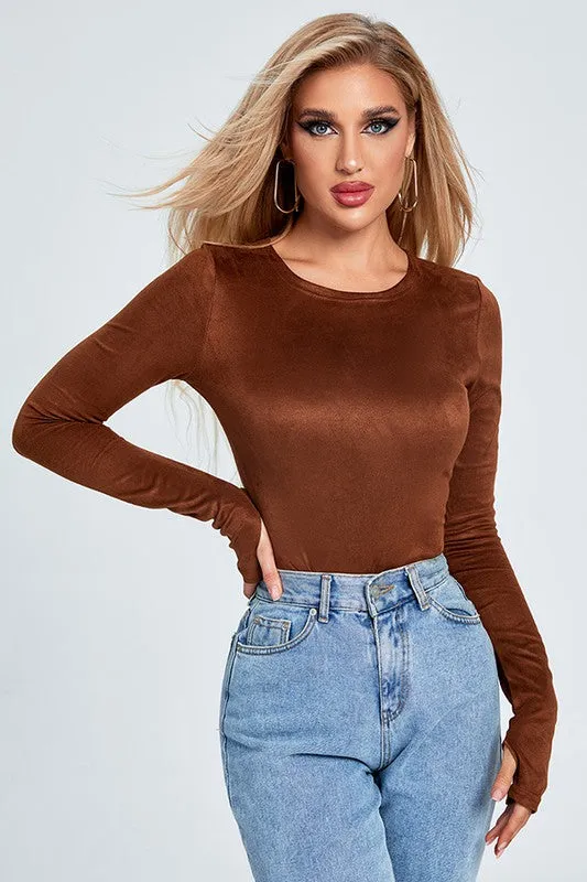 Suede-Like Long Sleeve Bodysuit