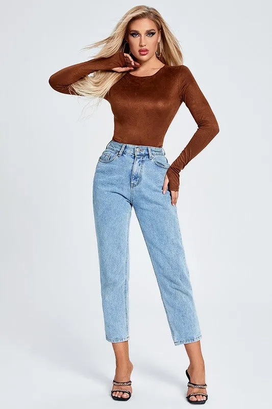 Suede-Like Long Sleeve Bodysuit