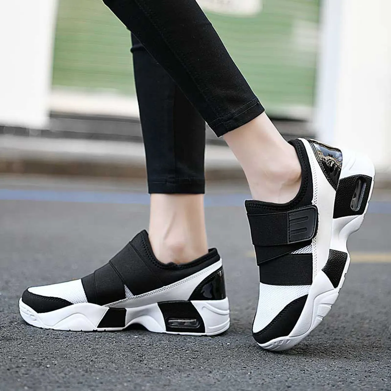 White black casual velcro slip on shoe sneaker