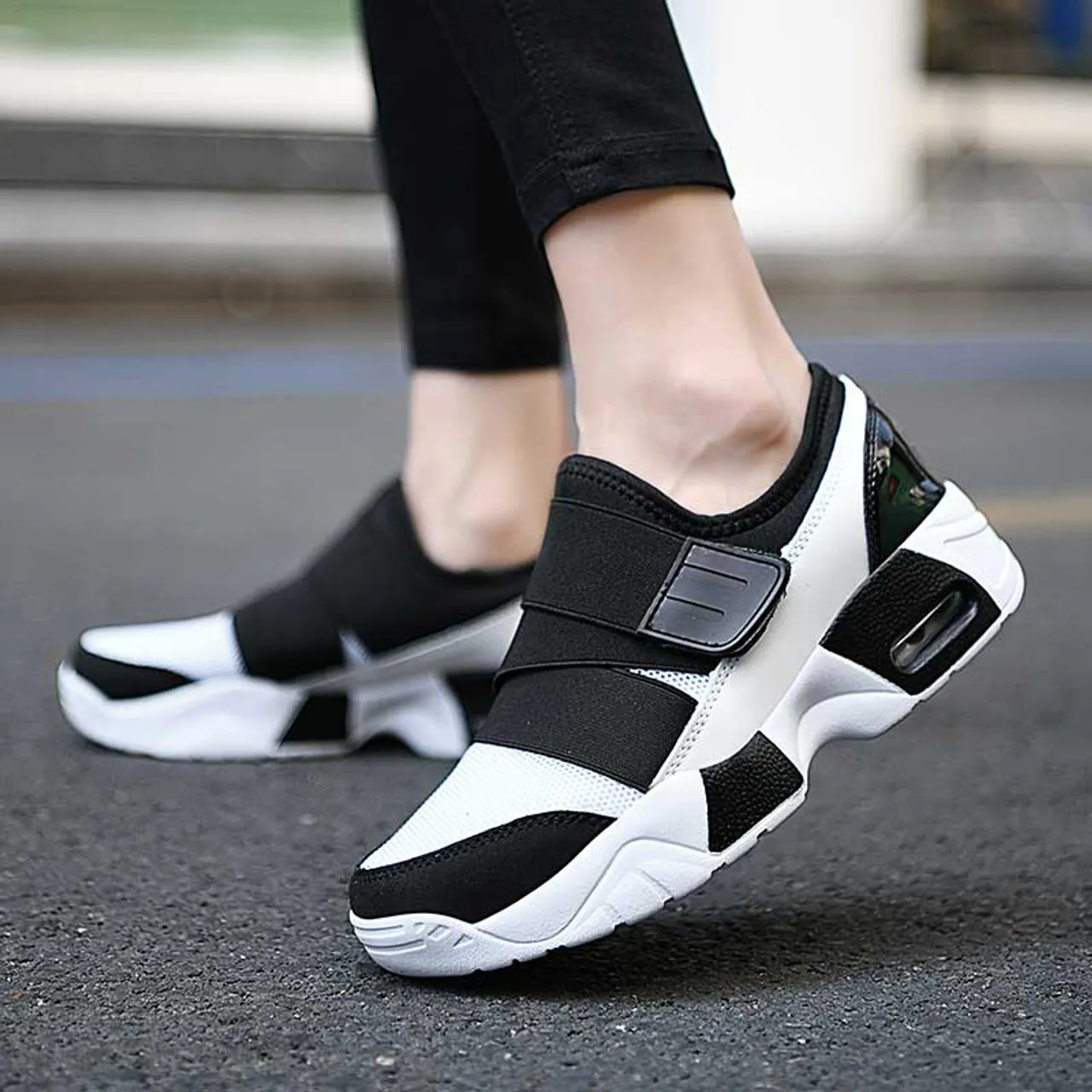 White black casual velcro slip on shoe sneaker