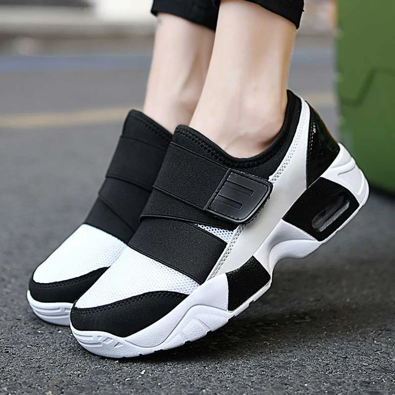 White black casual velcro slip on shoe sneaker