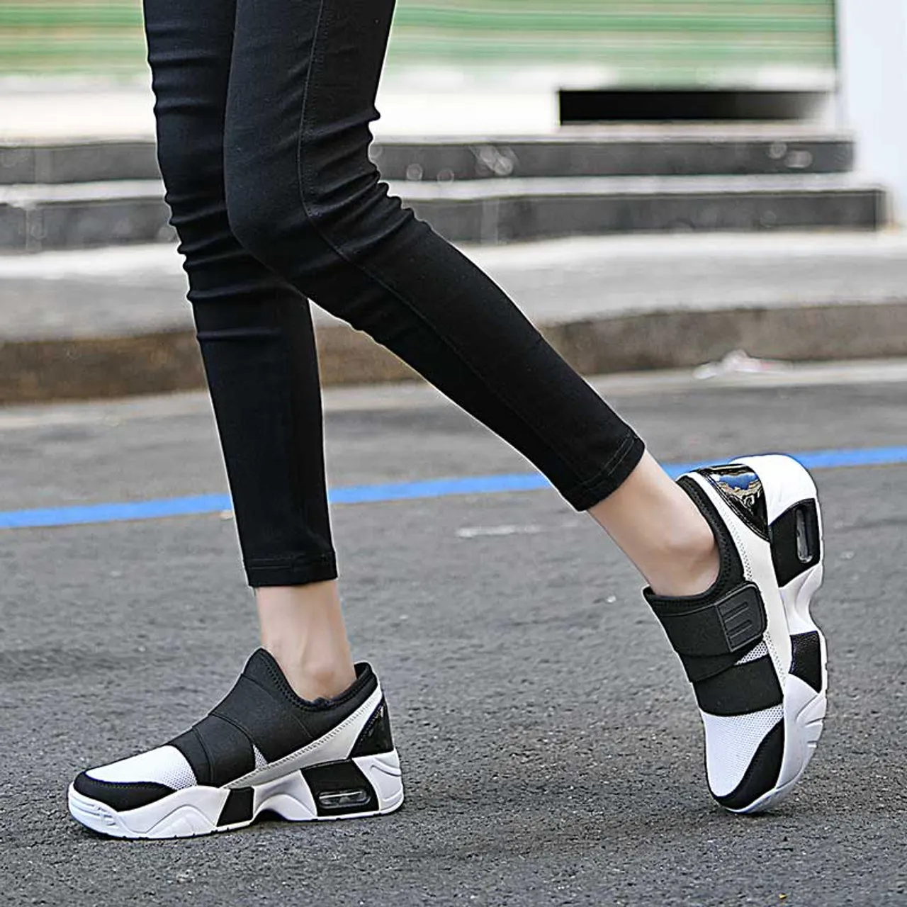 White black casual velcro slip on shoe sneaker