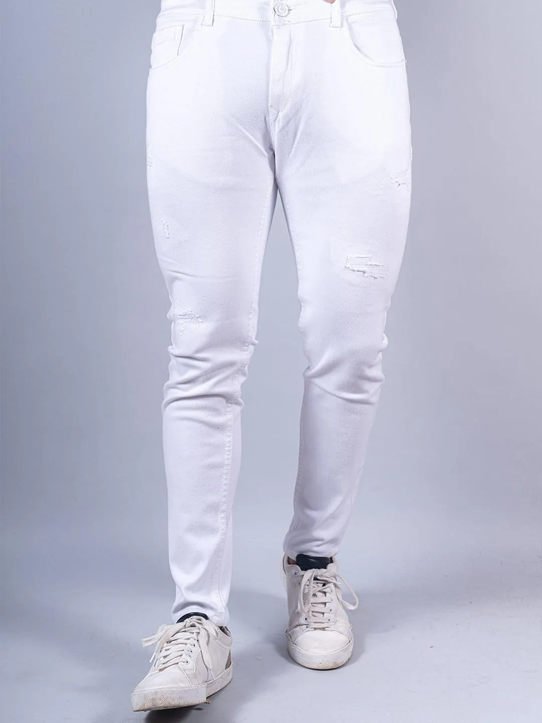 White Distressed Loose Ankle Stretchable Mens Jeans