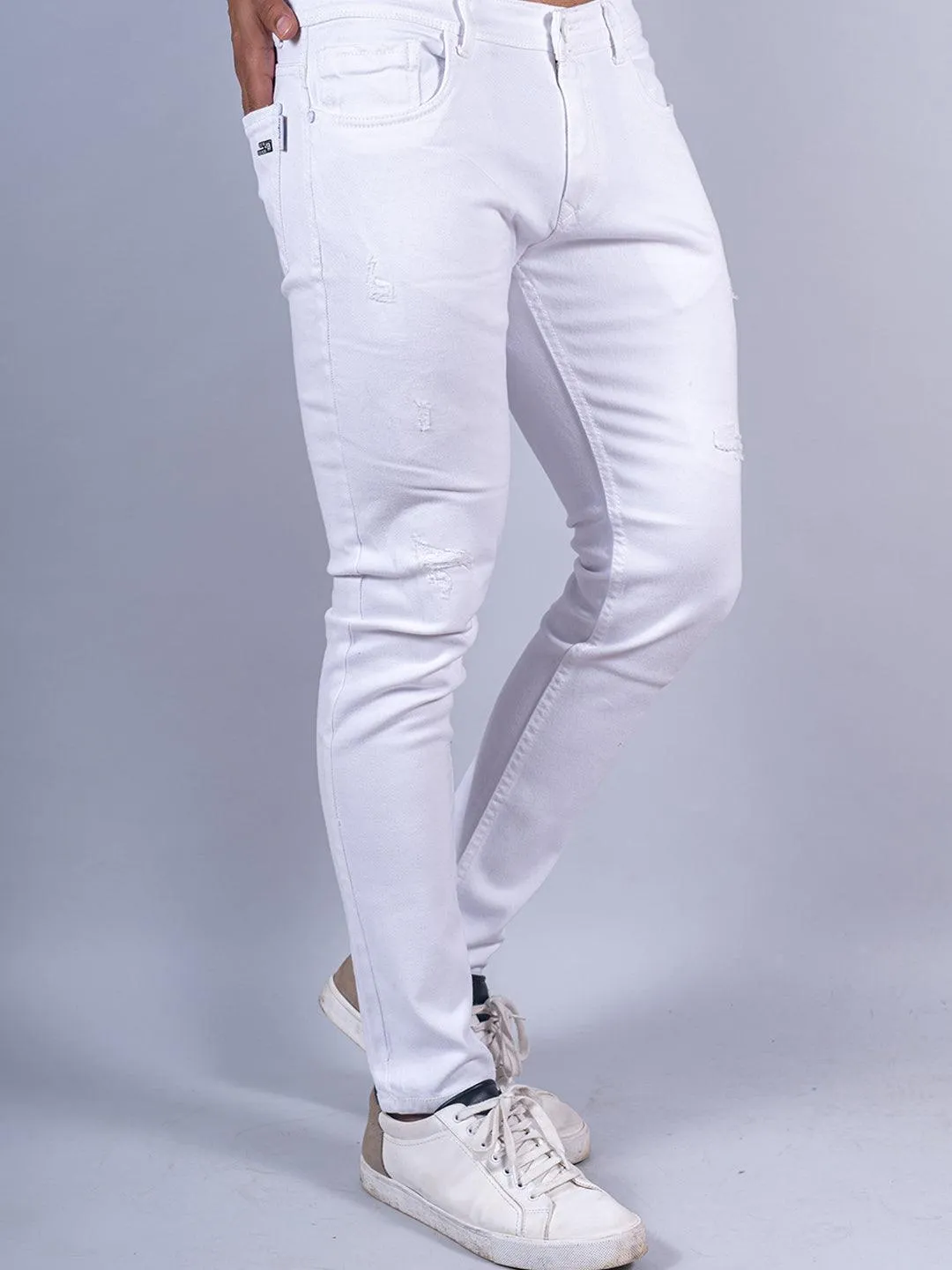 White Distressed Loose Ankle Stretchable Mens Jeans