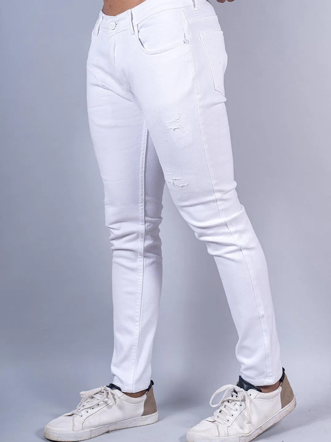 White Distressed Loose Ankle Stretchable Mens Jeans