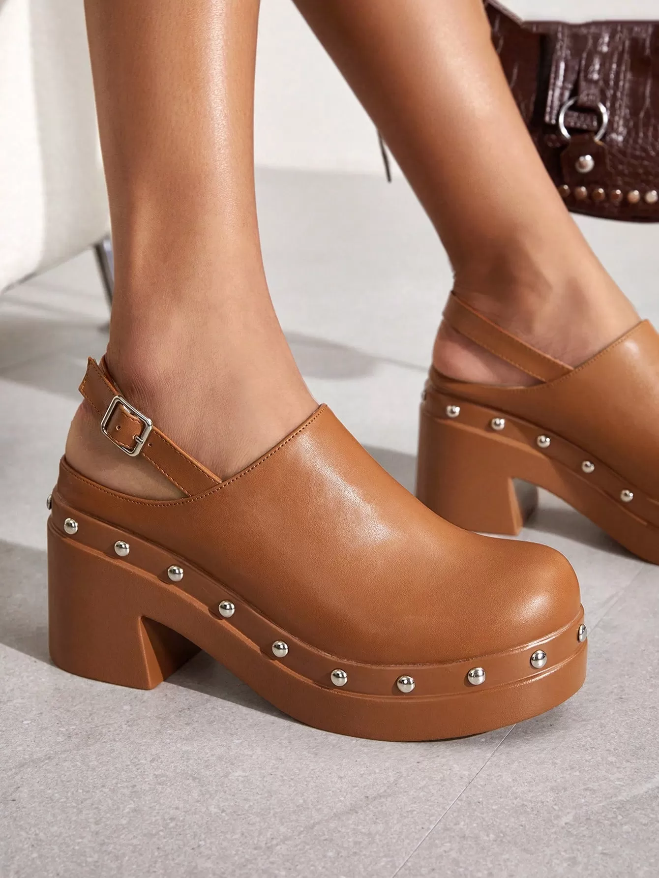 Woman Shoes Valentine Days Day Studded Detail Fashion Closed Toe Platform Brown Slingbacks