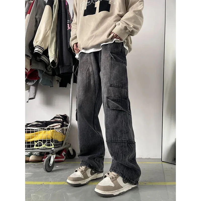 Xituodai Men's Patchwork Blue Cargo Jeans Unisex Straight Casual Trousers Men Muti-pockets Hip Hop Streetwear 90s Vintage Fashio